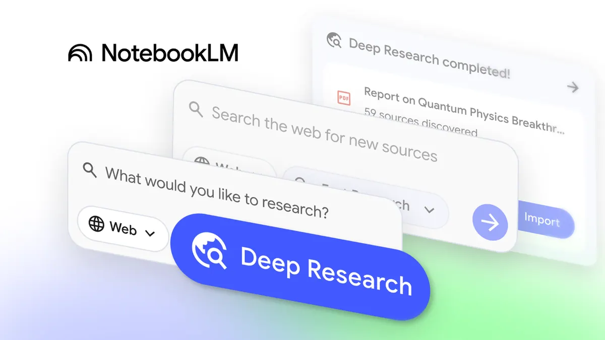 发布方配图,对应NotebookLM 加入 Deep Research,可将报告与来源一并存入笔记本