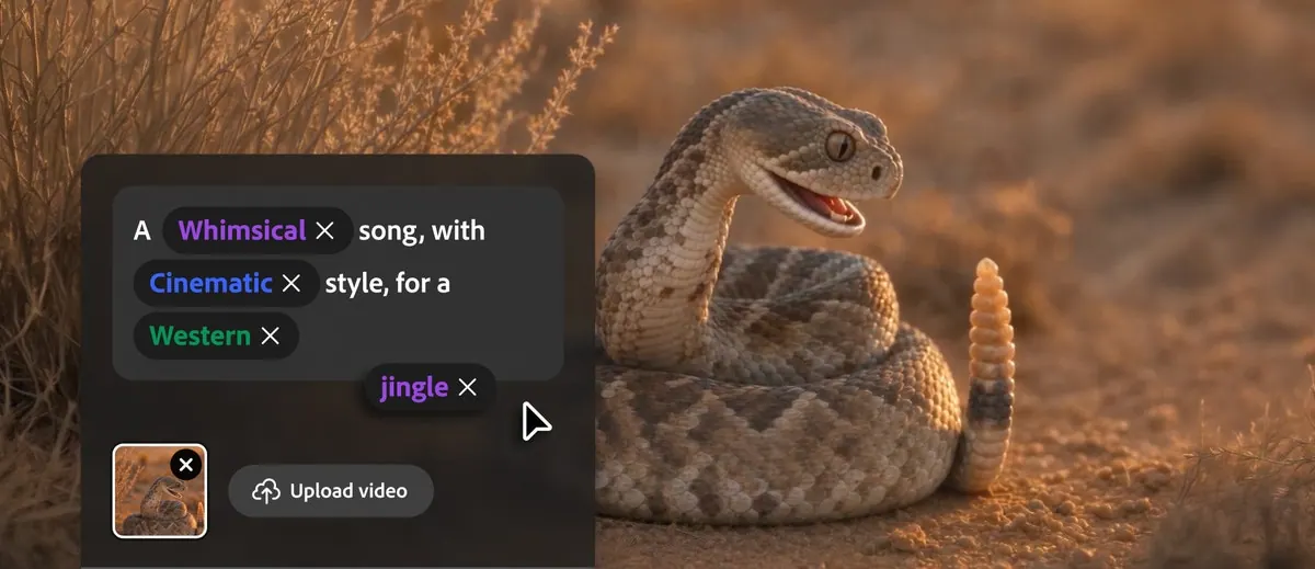 Adobe 为“Adobe Firefly 扩展音乐、语音与音效生成工作流”提供的发布页配图