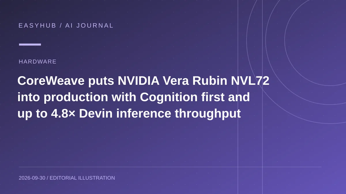 Editorial illustration: CoreWeave puts NVIDIA Vera Rubin NVL72 into production with Cognition first and up to 4.8× Devin inference throughput
