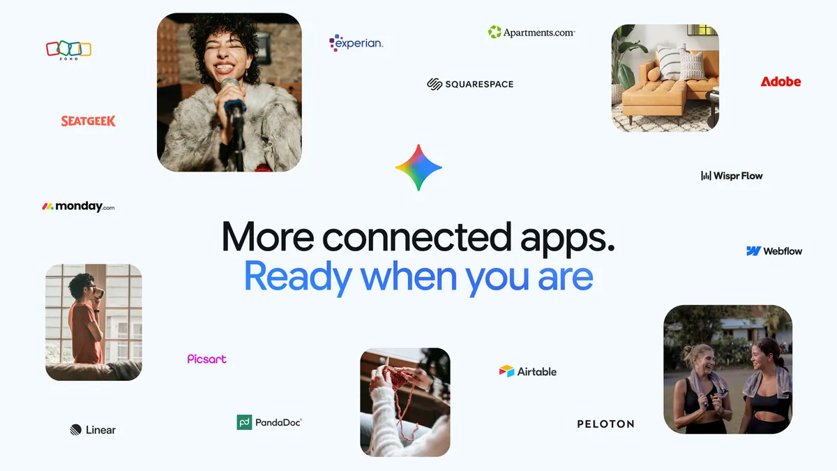 Google 为“Gemini 新增 Adobe、Airtable、Linear 等连接应用”提供的发布页配图