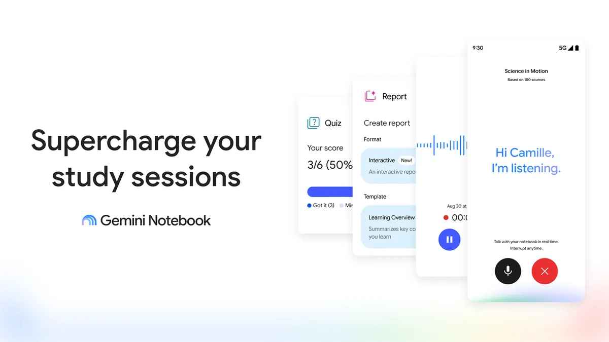 Google 为“Gemini Notebook 更新语音交流与互动学习工具”提供的发布页配图