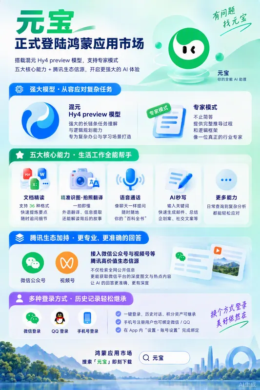 元宝登陆鸿蒙应用市场，整合专家模式、语音和文档工具的来源配图