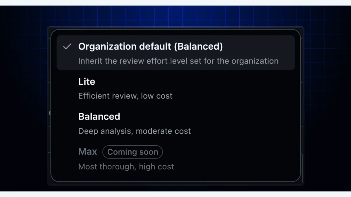 GitHub Copilot Code Review 中 Balanced 审查强度设置的官方截图