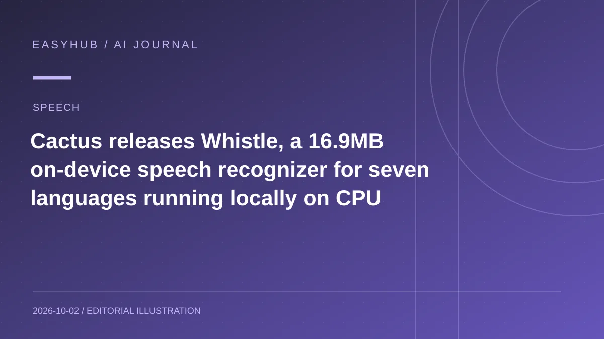 Editorial illustration: Cactus releases Whistle, a 16.9MB on-device speech recognizer for seven languages running locally on CPU