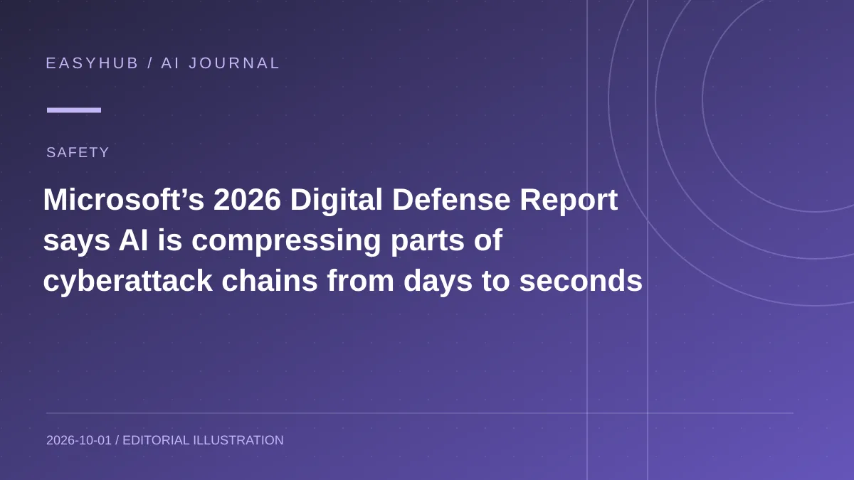 Editorial illustration: Microsoft’s 2026 Digital Defense Report says AI is compressing parts of cyberattack chains from days to seconds