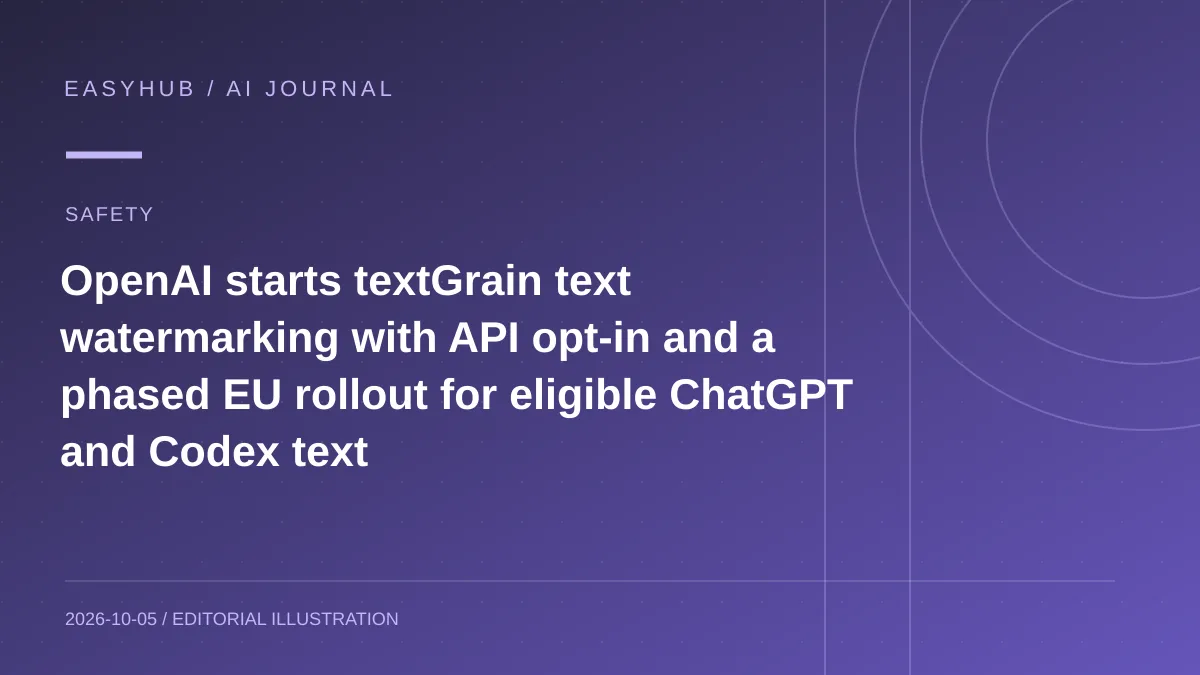 Editorial illustration: OpenAI starts textGrain text watermarking with API opt-in and a phased EU rollout for eligible ChatGPT and Codex text