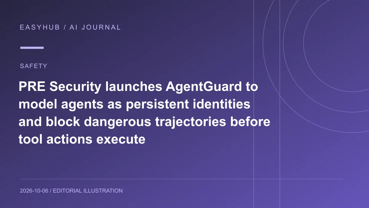 Editorial illustration: PRE Security launches AgentGuard to model agents as persistent identities and block dangerous trajectories before tool actions execute