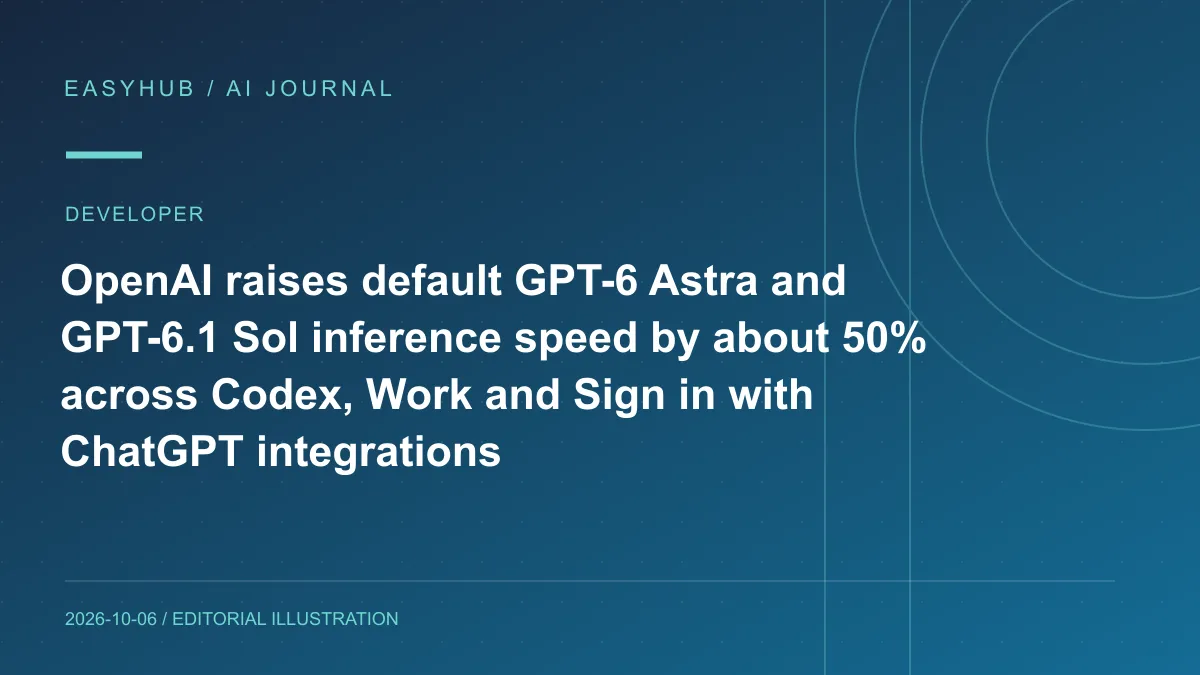 Editorial illustration: OpenAI raises default GPT-6 Astra and GPT-6.1 Sol inference speed by about 50% across Codex, Work and Sign in with ChatGPT integrations