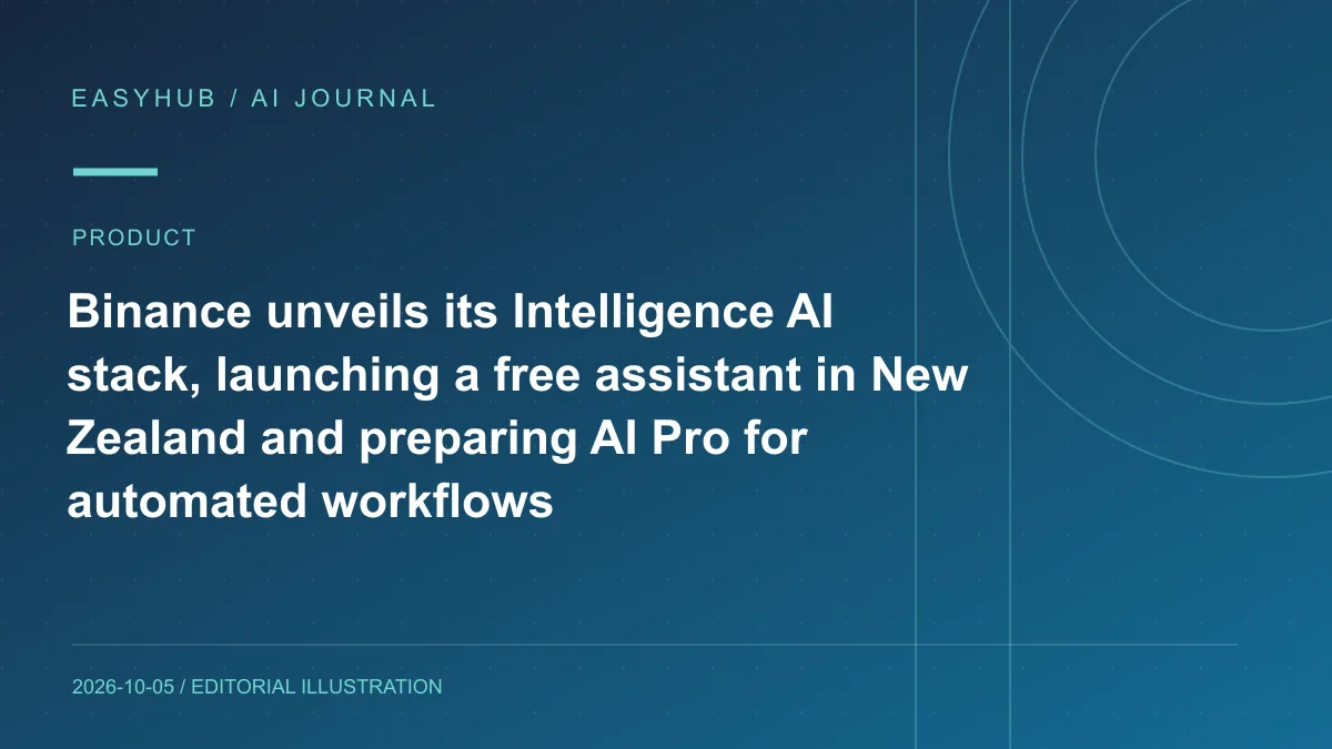 Editorial illustration: Binance unveils its Intelligence AI stack, launching a free assistant in New Zealand and preparing AI Pro for automated workflows