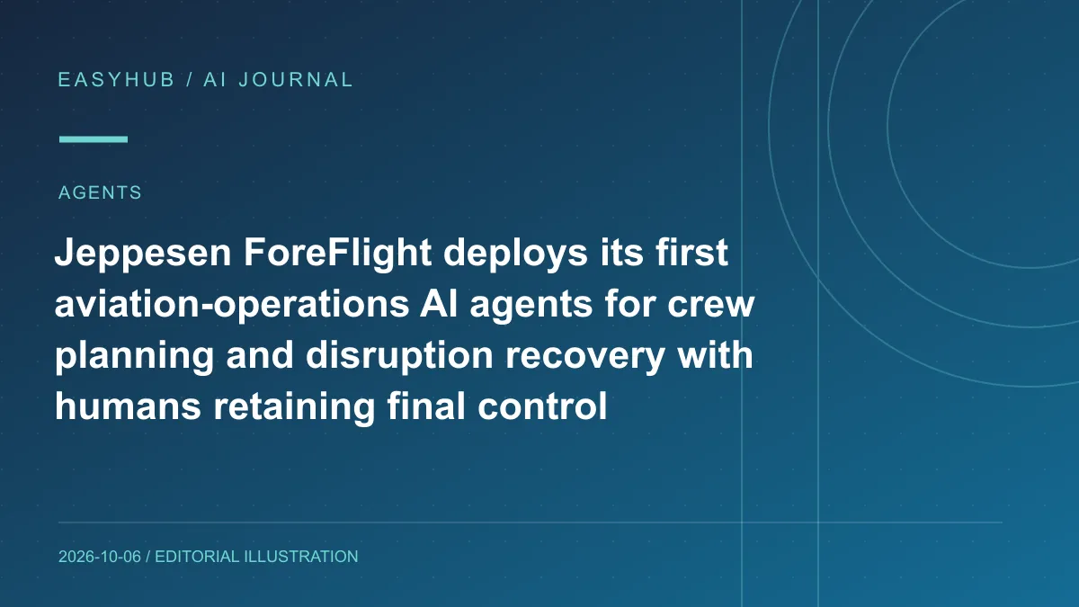 Editorial illustration: Jeppesen ForeFlight deploys its first aviation-operations AI agents for crew planning and disruption recovery with humans retaining final control