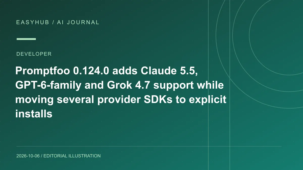 资讯编辑示意图:Promptfoo 0.124.0 发布:接入 Claude 5.5、GPT-6 系列与 Grok 4.7,并把多项 Provider 依赖改为按需安装