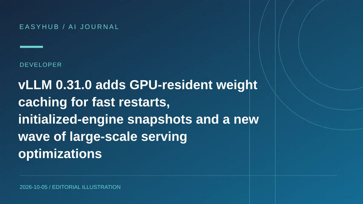Editorial illustration: vLLM 0.31.0 adds GPU-resident weight caching for fast restarts, initialized-engine snapshots and a new wave of large-scale serving optimizations