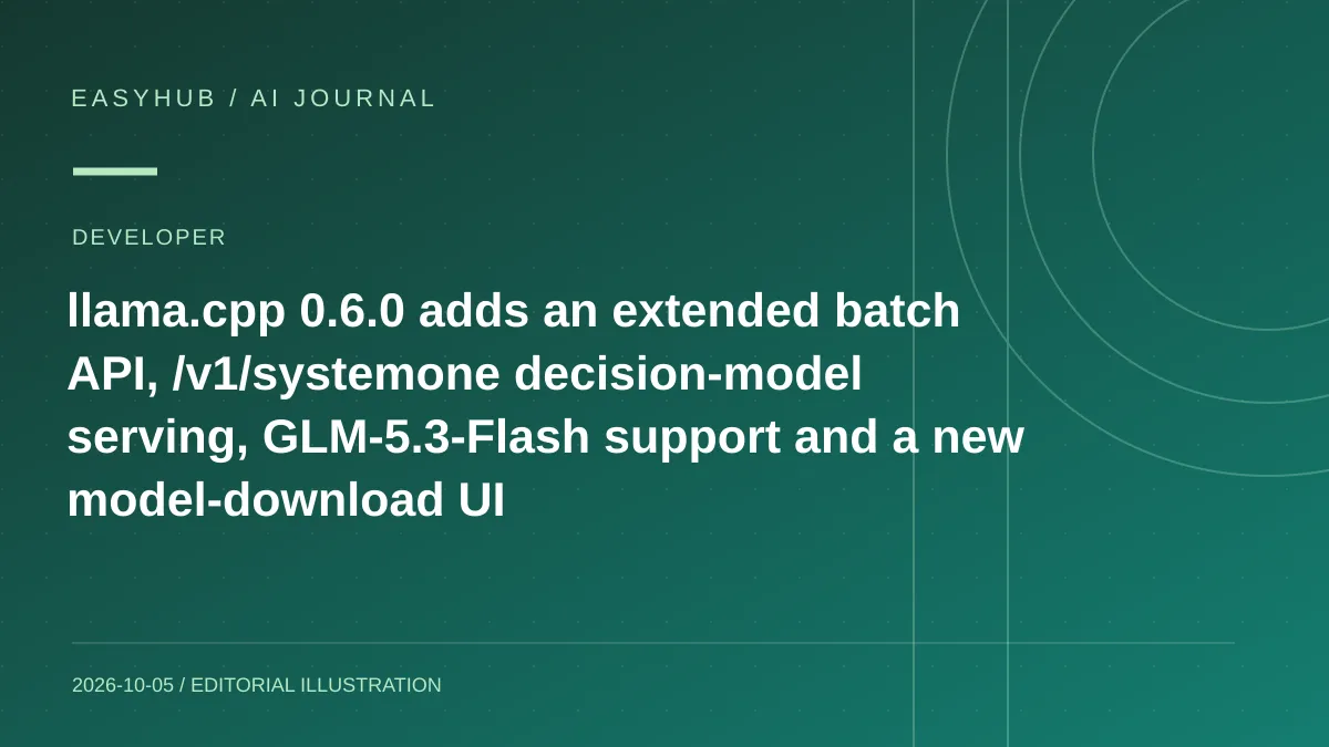 资讯编辑示意图:llama.cpp 0.6.0 发布:加入扩展 batch API、决策模型 /v1/systemone、GLM-5.3-Flash 与新模型下载 UI