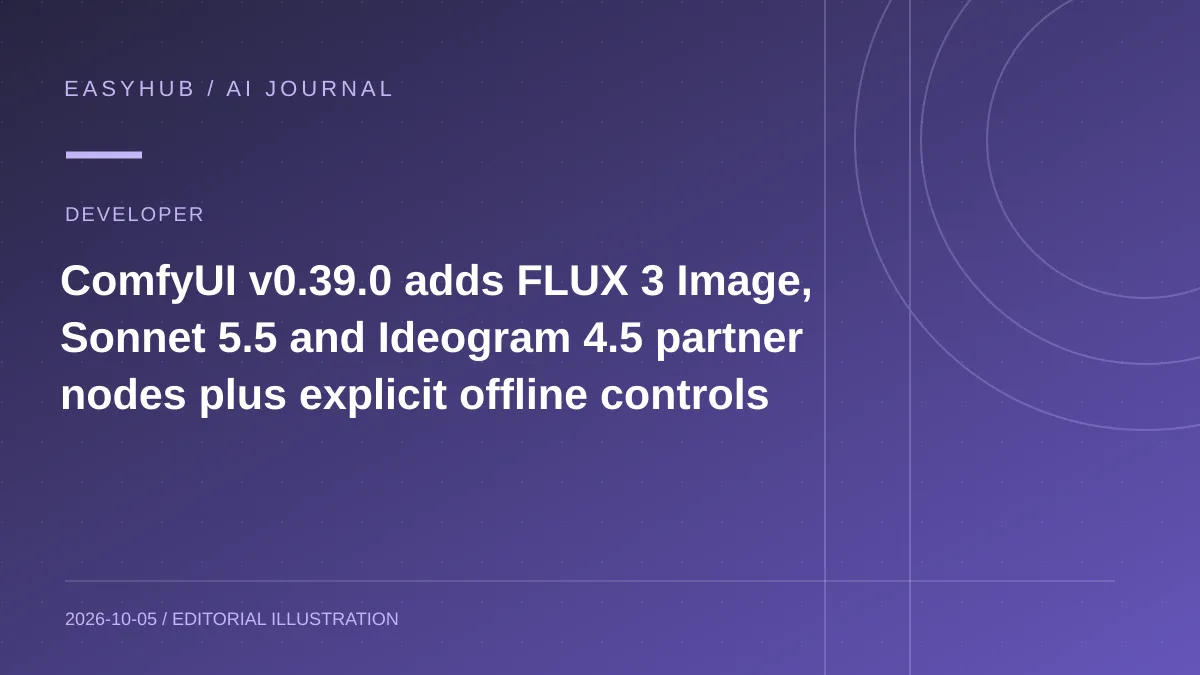 Editorial illustration: ComfyUI v0.39.0 adds FLUX 3 Image, Sonnet 5.5 and Ideogram 4.5 partner nodes plus explicit offline controls