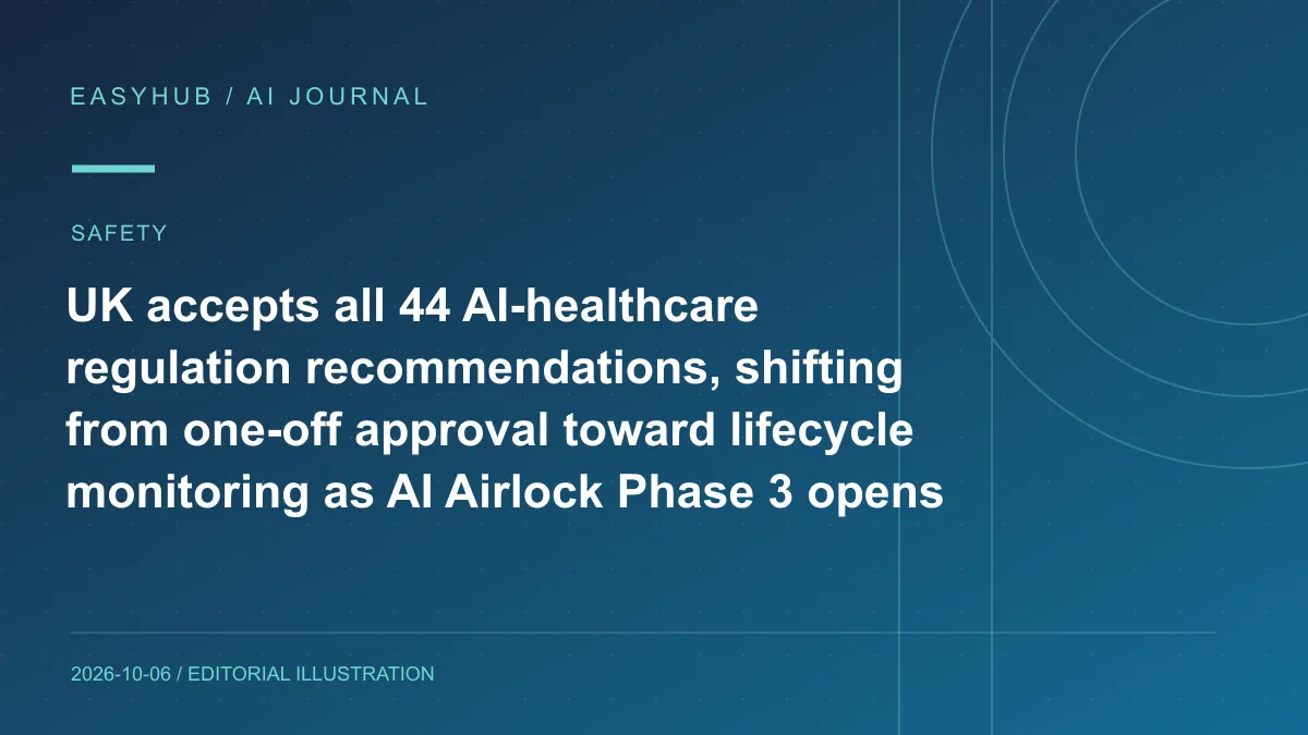 Editorial illustration: UK accepts all 44 AI-healthcare regulation recommendations, shifting from one-off approval toward lifecycle monitoring as AI Airlock Phase 3 opens