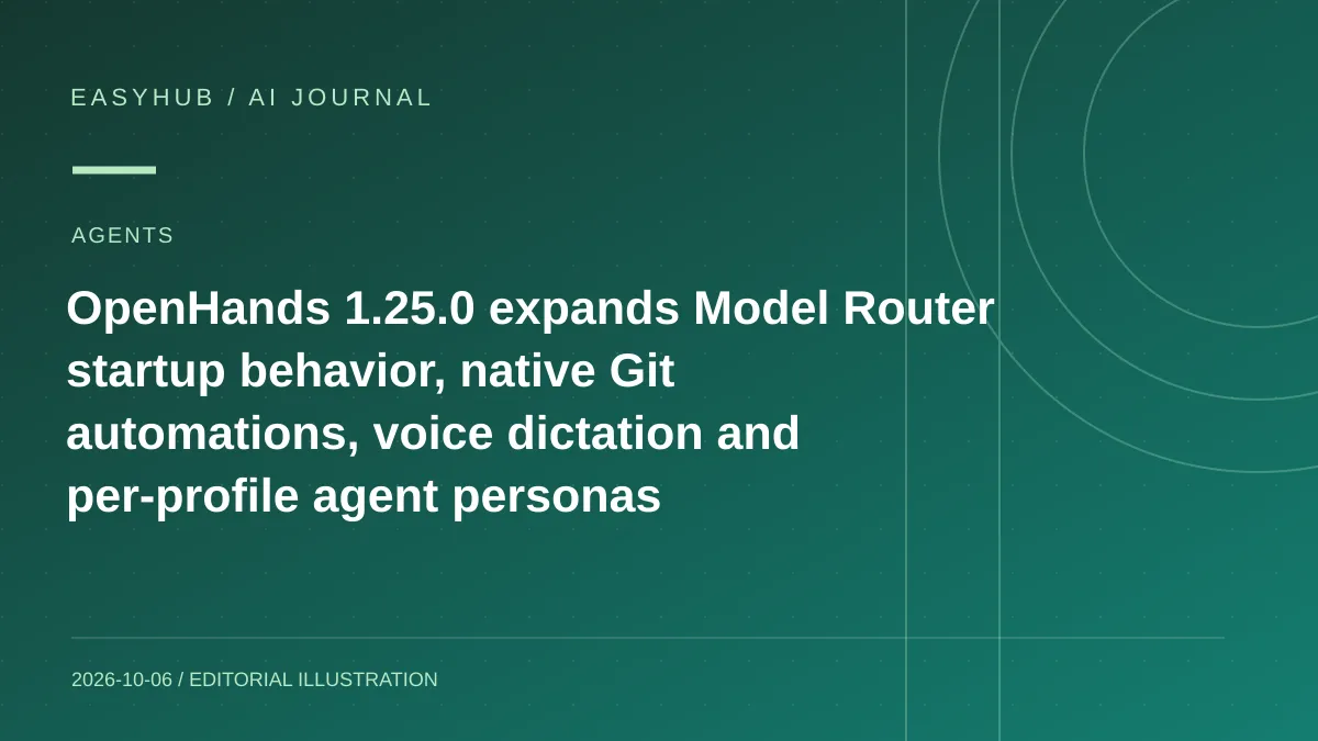 Editorial illustration: OpenHands 1.25.0 expands Model Router startup behavior, native Git automations, voice dictation and per-profile agent personas