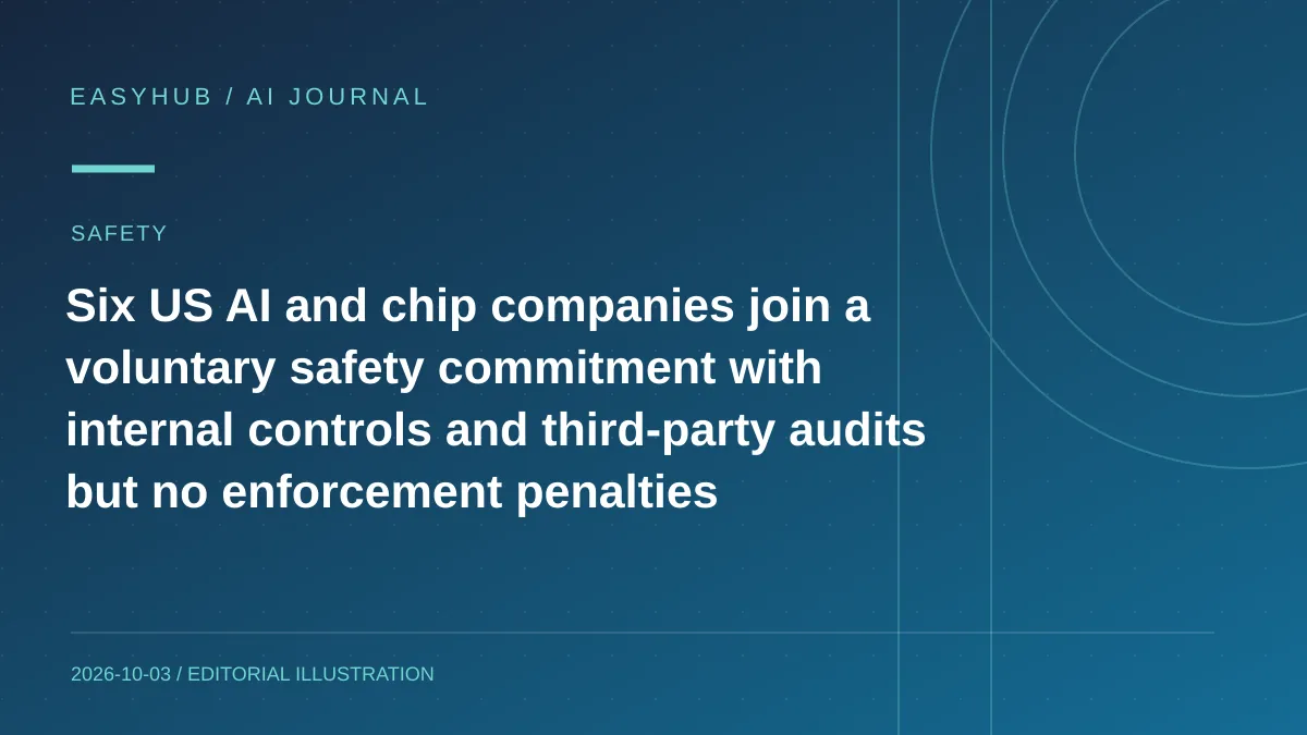 Editorial illustration: Six US AI and chip companies join a voluntary safety commitment with internal controls and third-party audits but no enforcement penalties