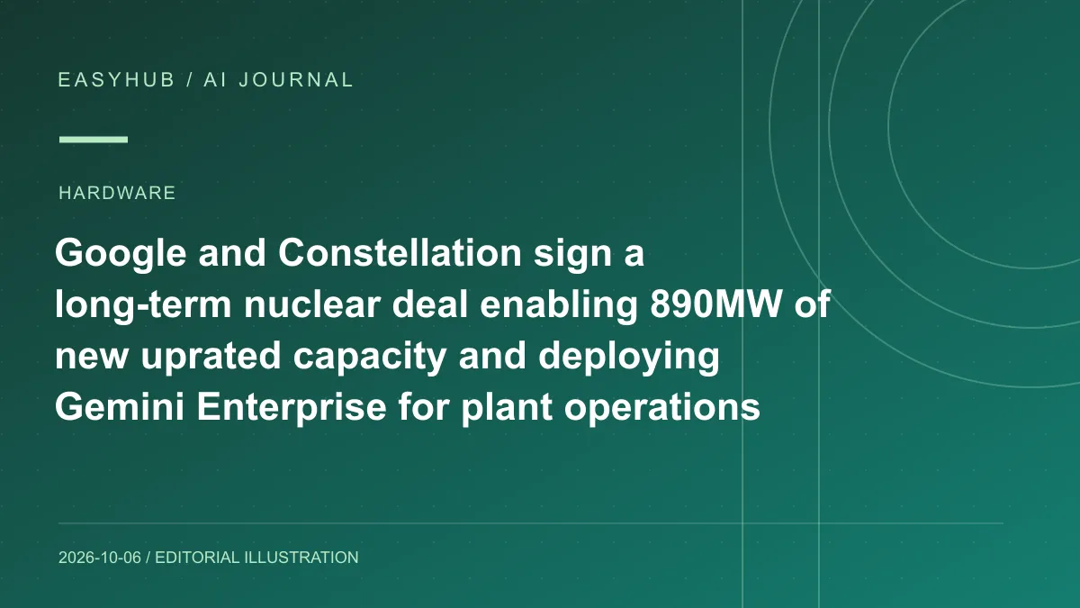 Editorial illustration: Google and Constellation sign a long-term nuclear deal enabling 890MW of new uprated capacity and deploying Gemini Enterprise for plant operations