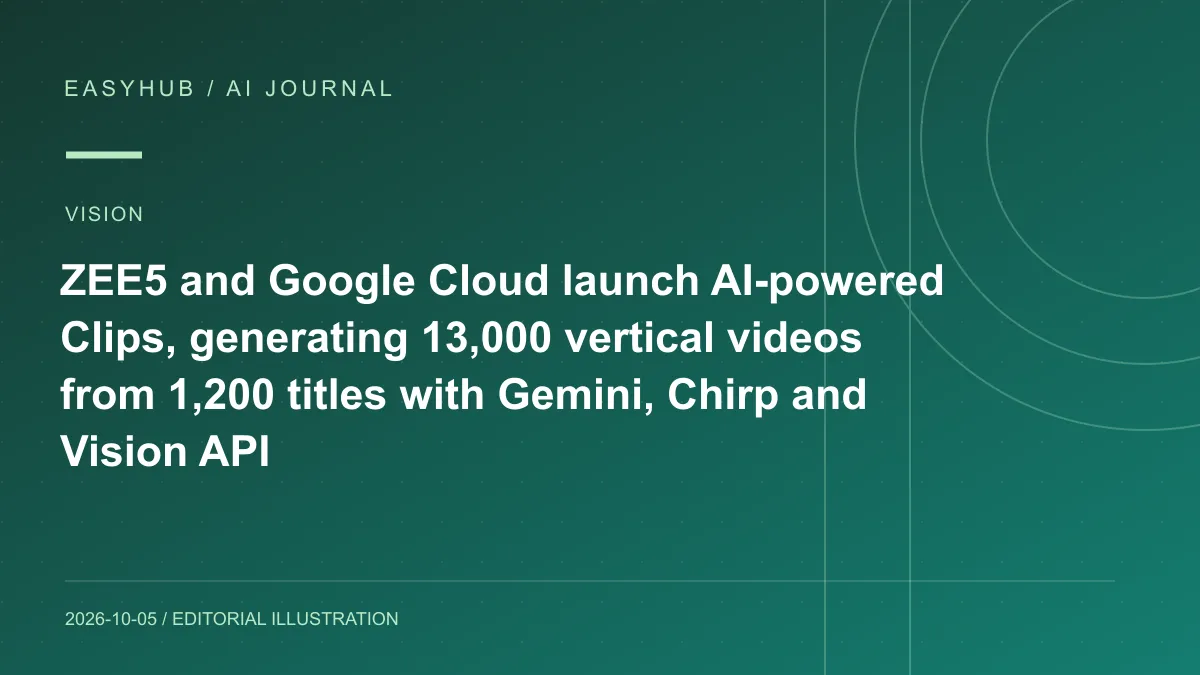 Editorial illustration: ZEE5 and Google Cloud launch AI-powered Clips, generating 13,000 vertical videos from 1,200 titles with Gemini, Chirp and Vision API