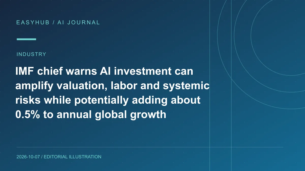 Editorial illustration: IMF chief warns AI investment can amplify valuation, labor and systemic risks while potentially adding about 0.5% to annual global growth