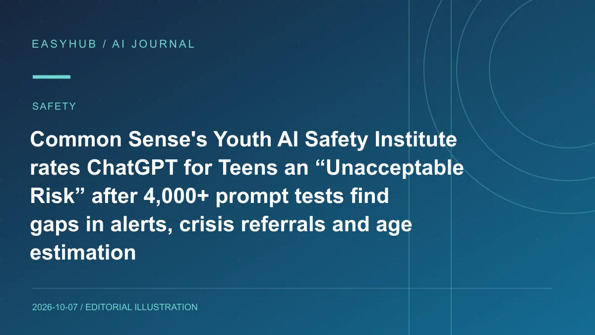 Editorial illustration: Common Sense's Youth AI Safety Institute rates ChatGPT for Teens an “Unacceptable Risk” after 4,000+ prompt tests find gaps in alerts, crisis referrals and age estimation
