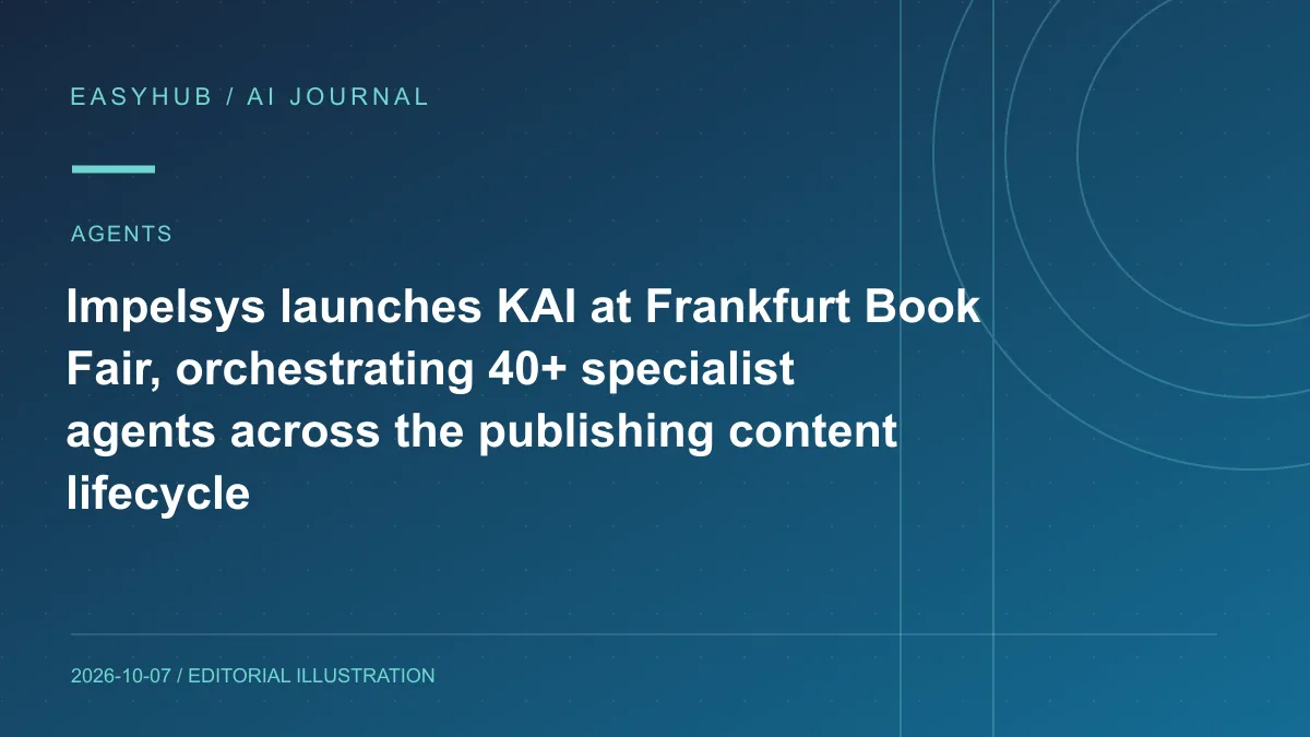 Editorial illustration: Impelsys launches KAI at Frankfurt Book Fair, orchestrating 40+ specialist agents across the publishing content lifecycle