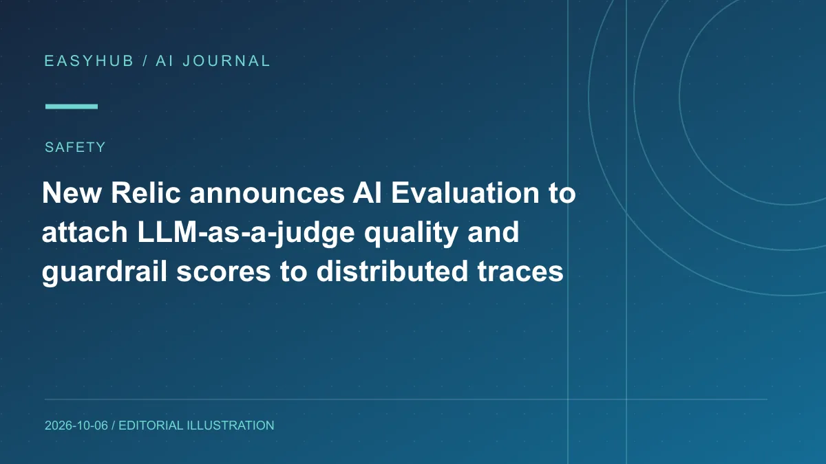 Editorial illustration: New Relic announces AI Evaluation to attach LLM-as-a-judge quality and guardrail scores to distributed traces
