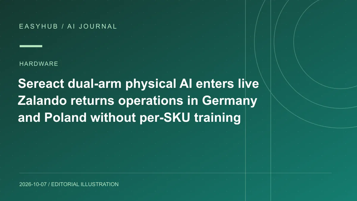 Editorial illustration: Sereact dual-arm physical AI enters live Zalando returns operations in Germany and Poland without per-SKU training