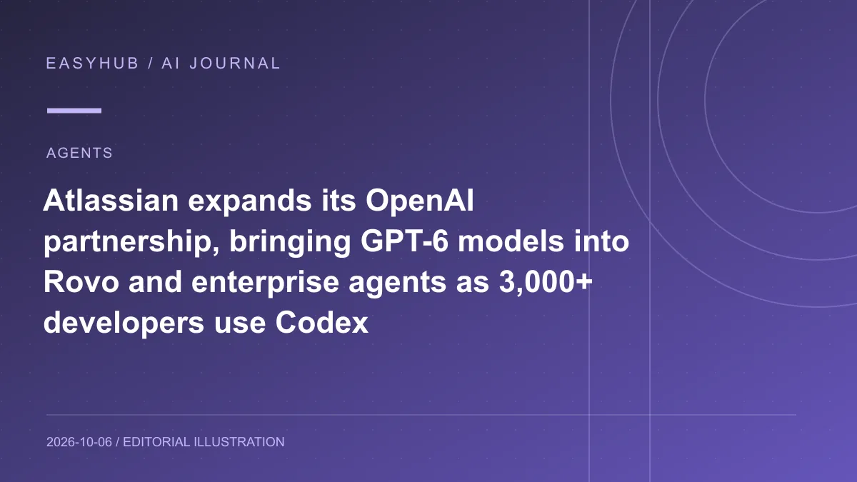 Editorial illustration: Atlassian expands its OpenAI partnership, bringing GPT-6 models into Rovo and enterprise agents as 3,000+ developers use Codex