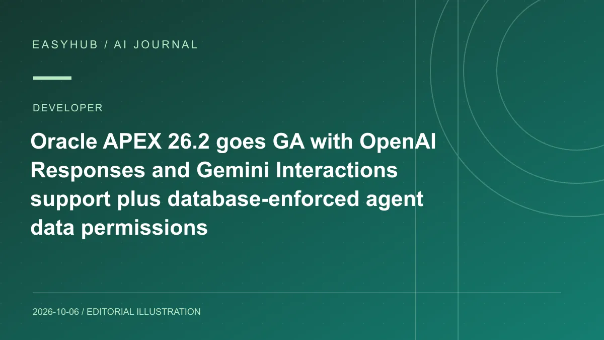 Editorial illustration: Oracle APEX 26.2 goes GA with OpenAI Responses and Gemini Interactions support plus database-enforced agent data permissions