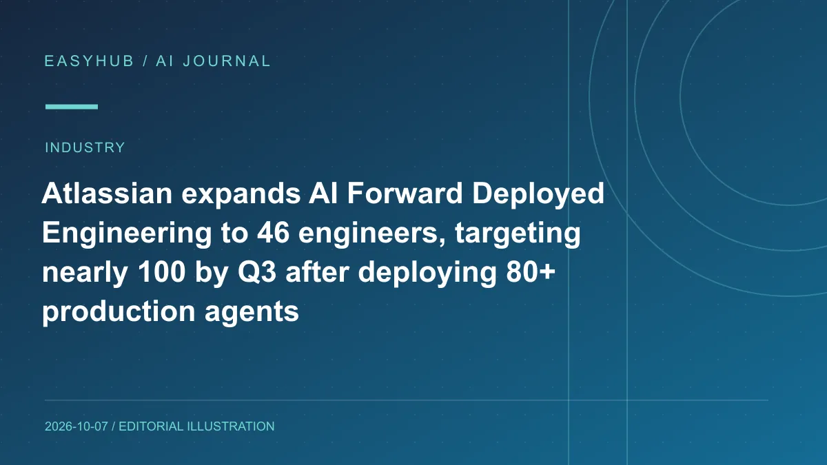 Editorial illustration: Atlassian expands AI Forward Deployed Engineering to 46 engineers, targeting nearly 100 by Q3 after deploying 80+ production agents