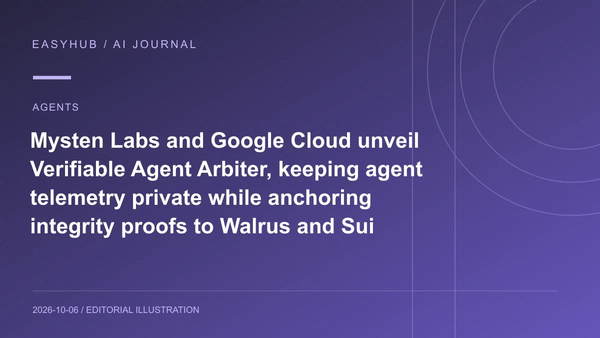 Editorial illustration: Mysten Labs and Google Cloud unveil Verifiable Agent Arbiter, keeping agent telemetry private while anchoring integrity proofs to Walrus and Sui