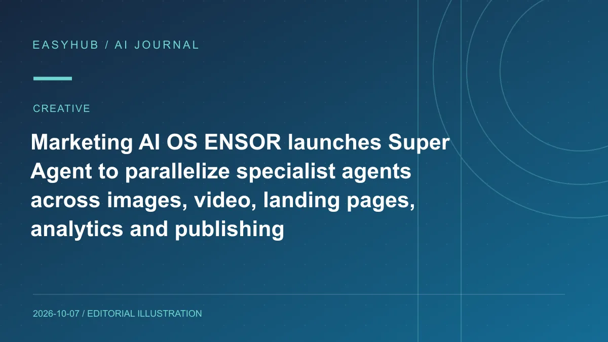 Editorial illustration: Marketing AI OS ENSOR launches Super Agent to parallelize specialist agents across images, video, landing pages, analytics and publishing