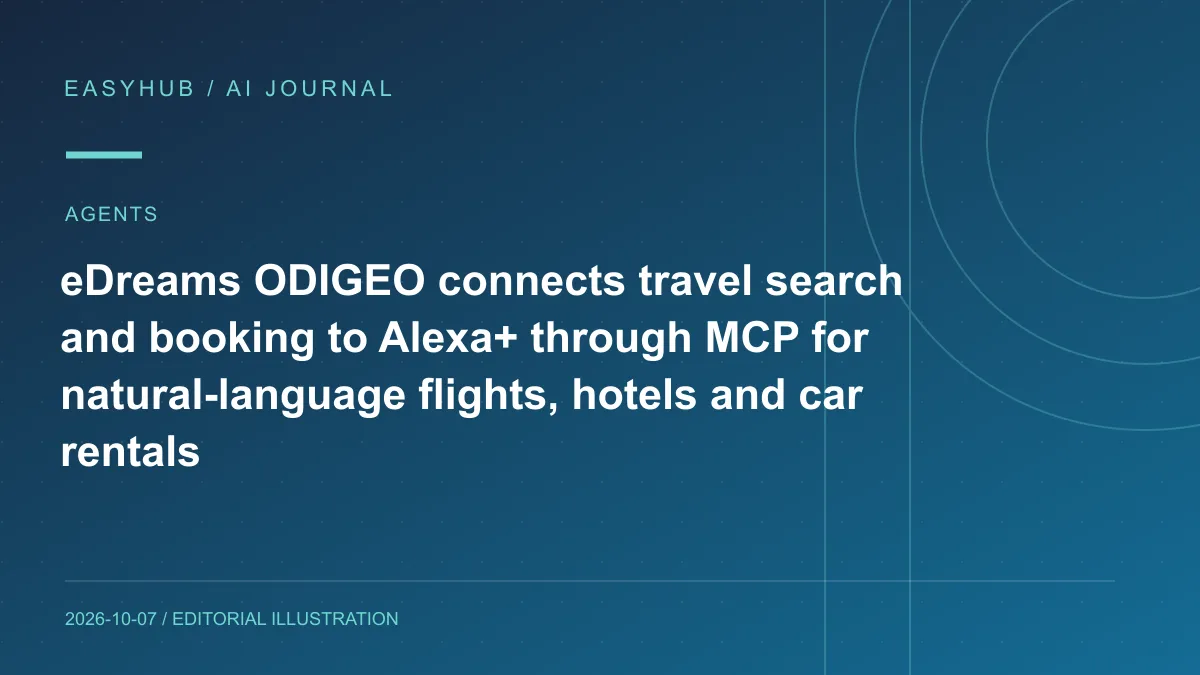 Editorial illustration: eDreams ODIGEO connects travel search and booking to Alexa+ through MCP for natural-language flights, hotels and car rentals