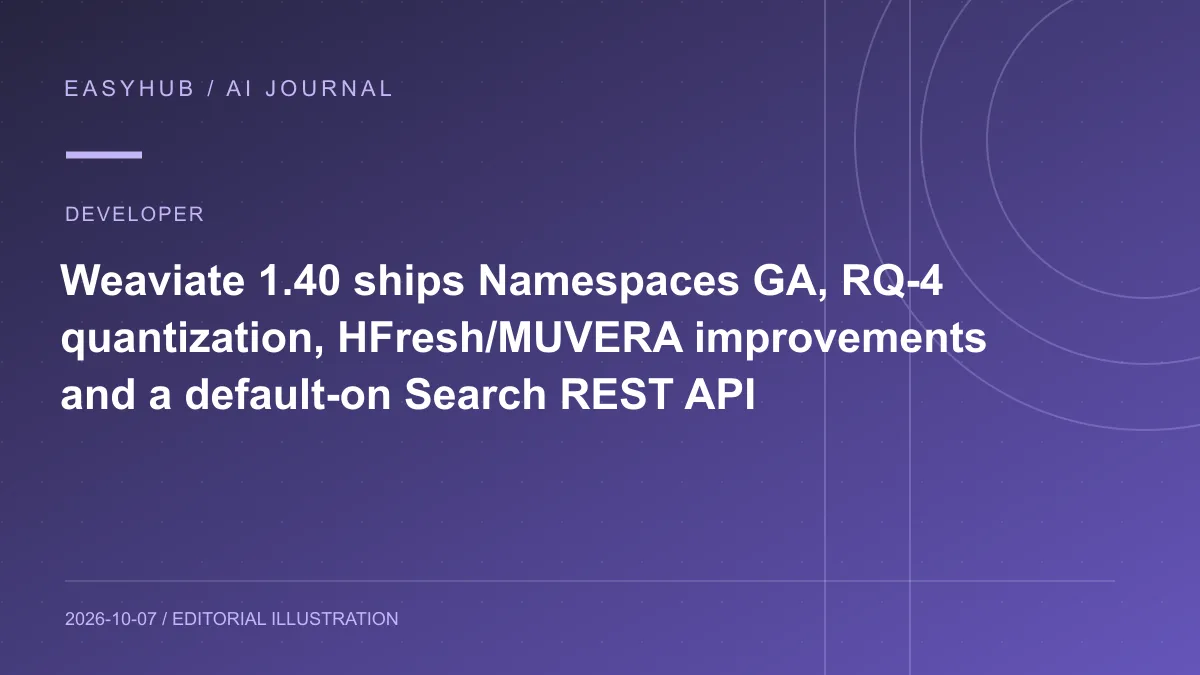 Editorial illustration: Weaviate 1.40 ships Namespaces GA, RQ-4 quantization, HFresh/MUVERA improvements and a default-on Search REST API