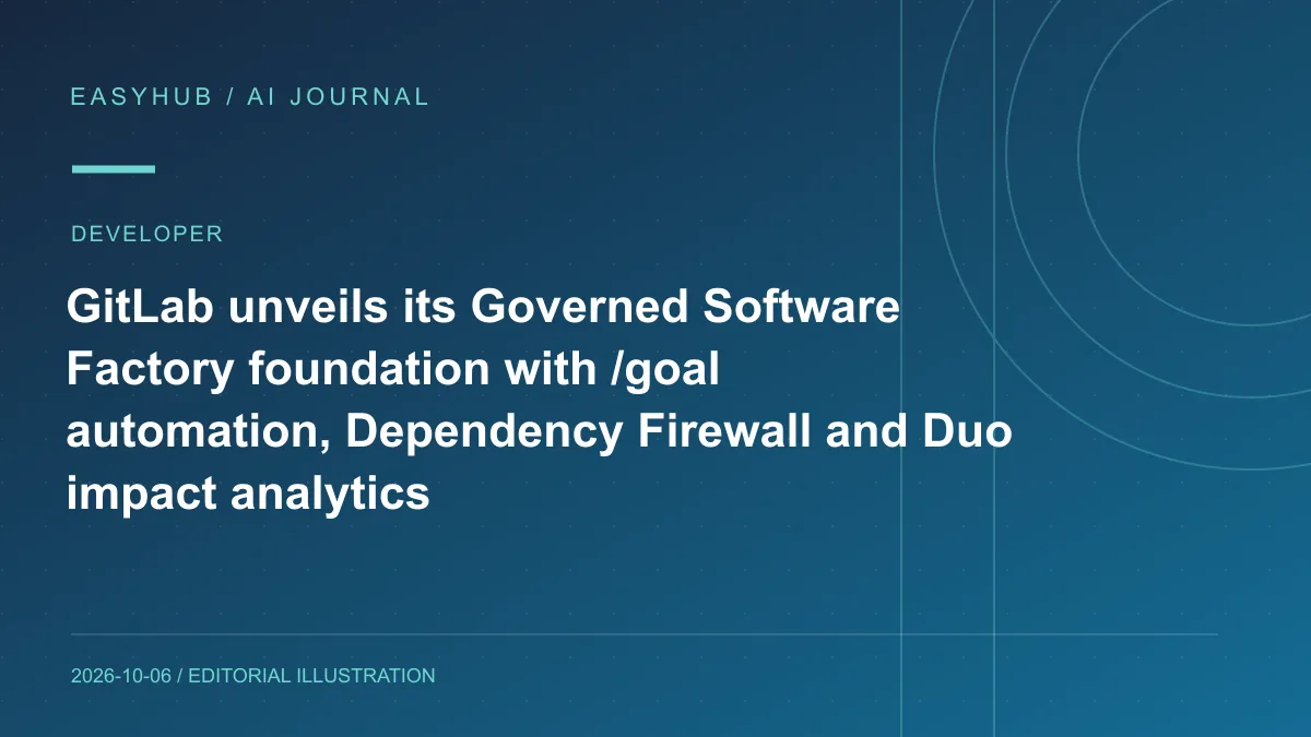 Editorial illustration: GitLab unveils its Governed Software Factory foundation with /goal automation, Dependency Firewall and Duo impact analytics