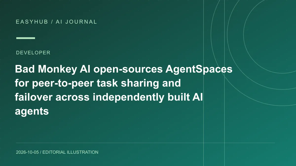 Editorial illustration: Bad Monkey AI open-sources AgentSpaces for peer-to-peer task sharing and failover across independently built AI agents
