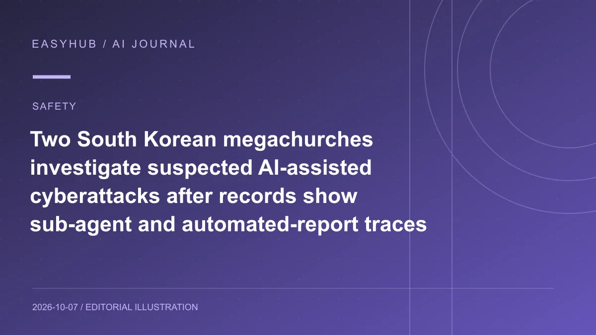 Editorial illustration: Two South Korean megachurches investigate suspected AI-assisted cyberattacks after records show sub-agent and automated-report traces
