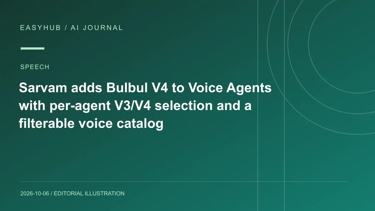 Editorial illustration: Sarvam adds Bulbul V4 to Voice Agents with per-agent V3/V4 selection and a filterable voice catalog