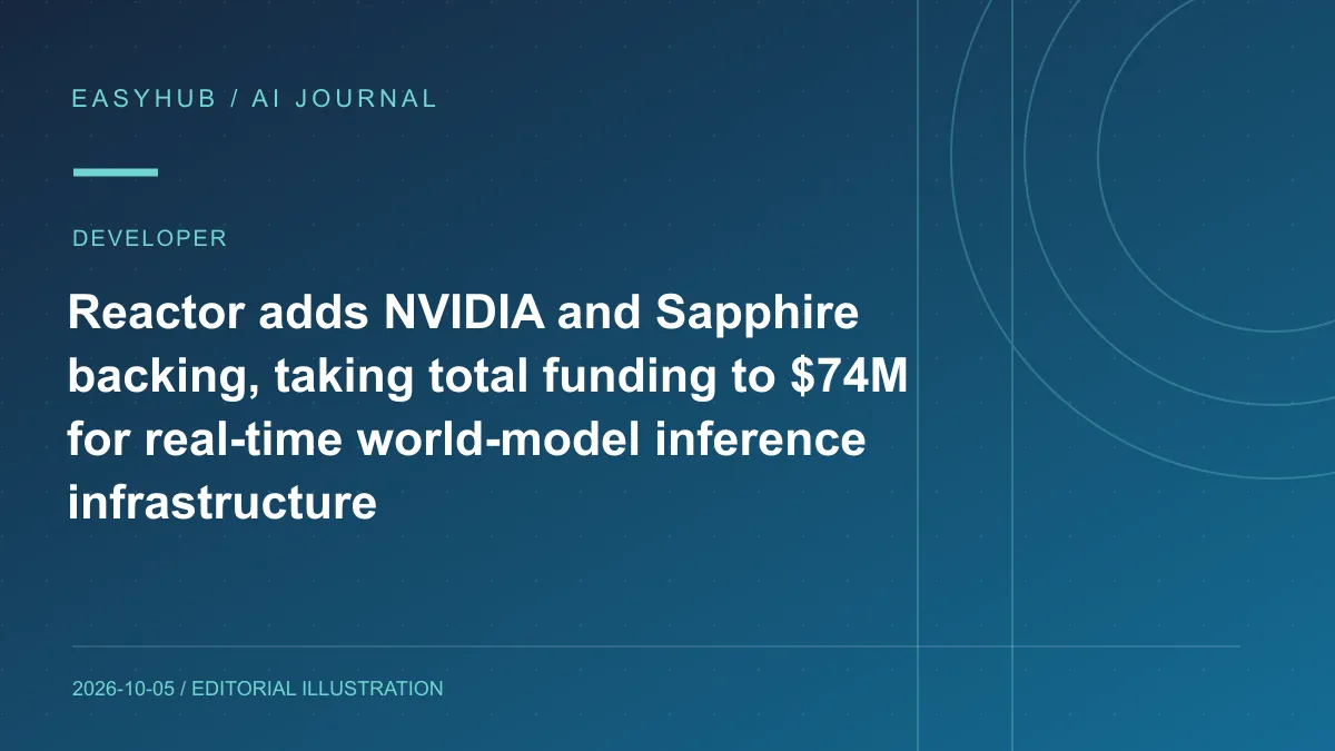 Editorial illustration: Reactor adds NVIDIA and Sapphire backing, taking total funding to $74M for real-time world-model inference infrastructure