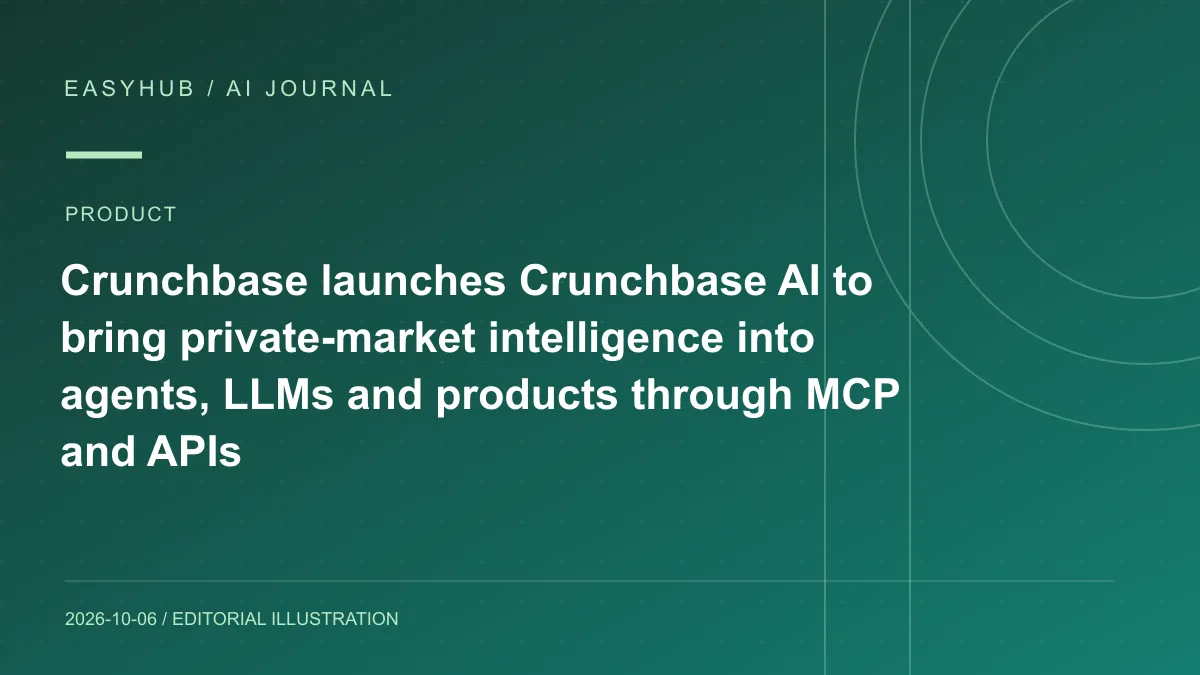Editorial illustration: Crunchbase launches Crunchbase AI to bring private-market intelligence into agents, LLMs and products through MCP and APIs