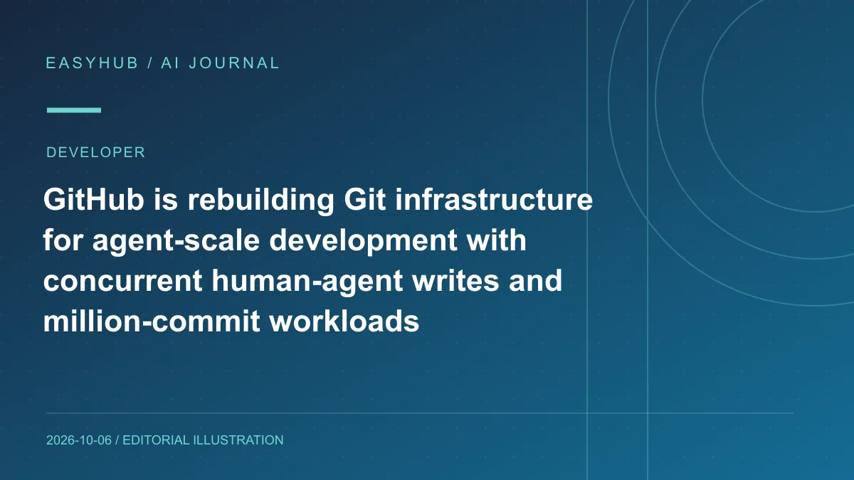 Editorial illustration: GitHub is rebuilding Git infrastructure for agent-scale development with concurrent human-agent writes and million-commit workloads