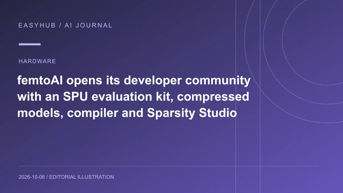 Editorial illustration: femtoAI opens its developer community with an SPU evaluation kit, compressed models, compiler and Sparsity Studio