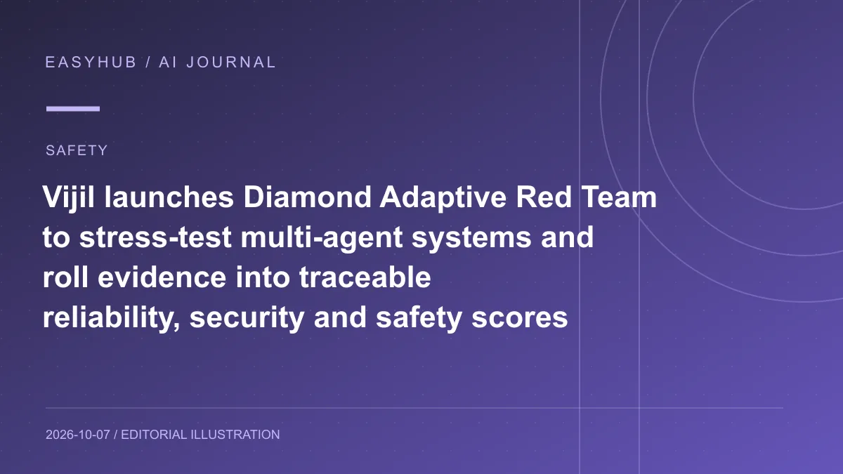 Editorial illustration: Vijil launches Diamond Adaptive Red Team to stress-test multi-agent systems and roll evidence into traceable reliability, security and safety scores