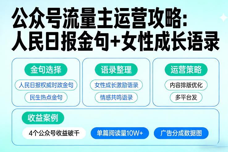 利用人民日报金句+女性成长语录做公众号流量主，4个公众号收益破千-易网创