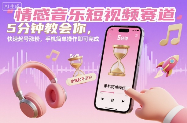 情感音乐短视频赛道，5分钟教会你，快速起号涨粉，手机简单操作即可完成-易网创