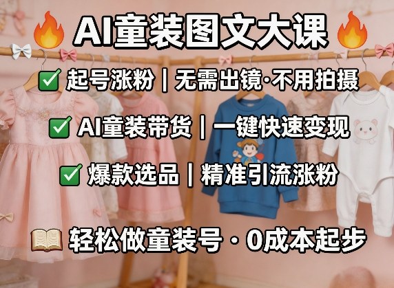 AI童装图文剪辑，某社群童装图文大课，起号涨粉、AI童装带货、爆款选品，无需出镜和拍摄-易网创
