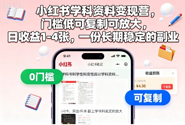 小红书学科资料变现营，门槛低可复制可放大，日收益1-4张，一份长期稳定的副业-易网创