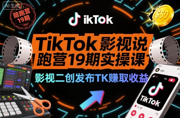 TikTok影视解说陪跑营19期实操课，影视二创发布TK賺取收益，万播收益50美金-易网创