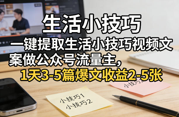 一键提取生活小技巧视频文案做公众号流量主，1天3-5篇爆文收益2-5张-易网创